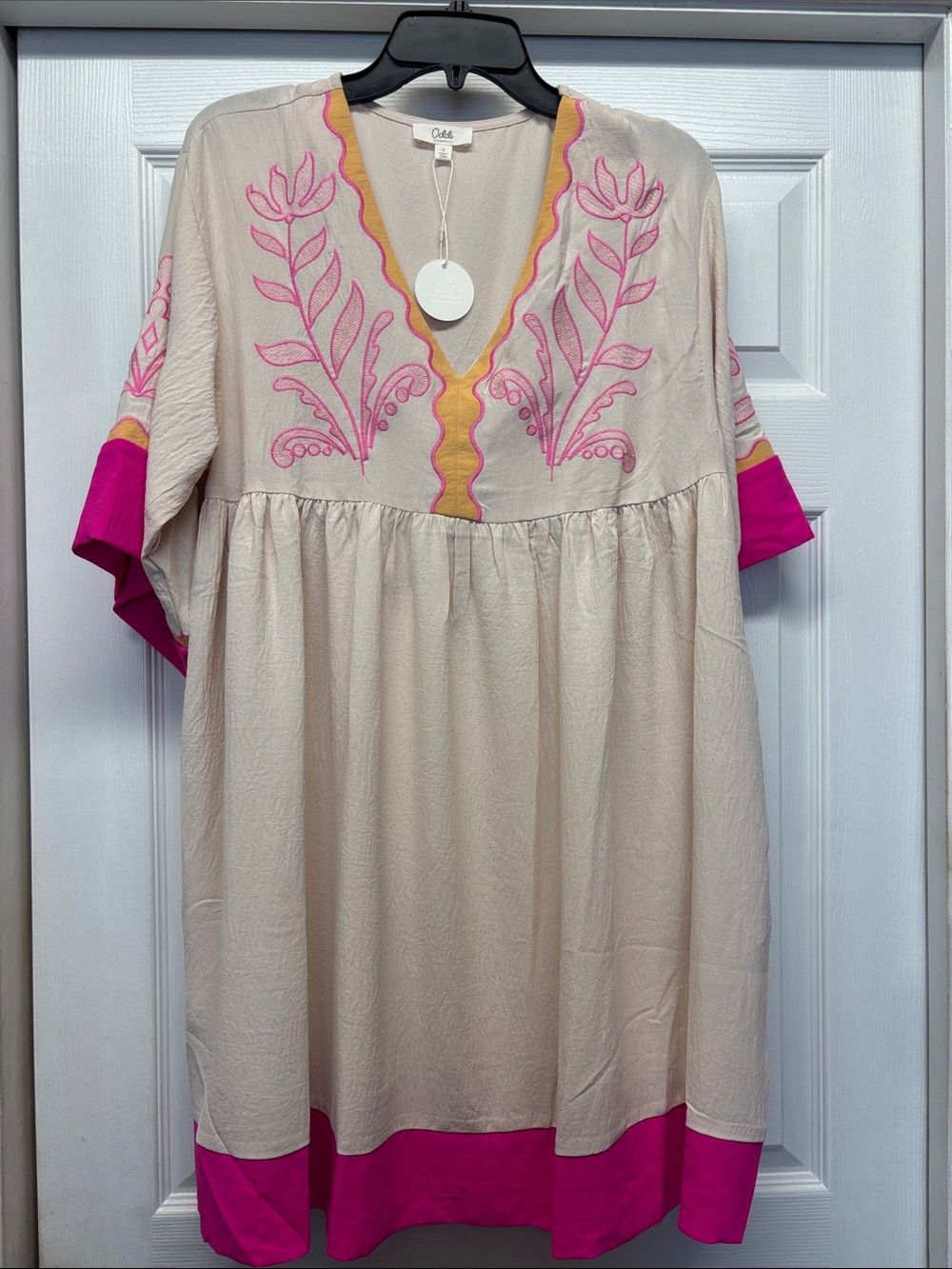 Oddi Cream Dress with Bright Pink Embroidery& Yellow Trim Lightweight Small